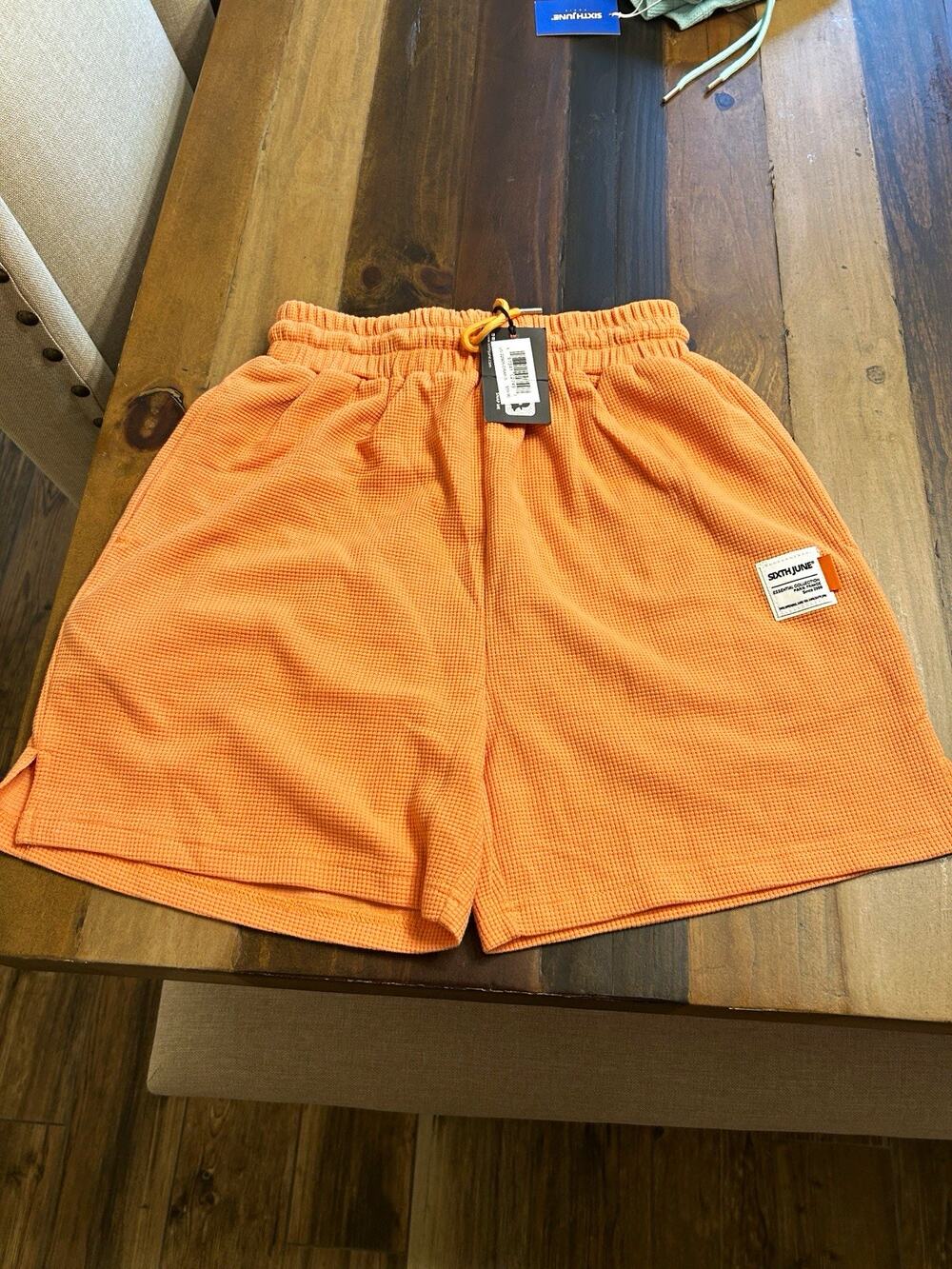 Sixth June Snap Me Orange Waffle Knit Sweat Shorts Drawstring Pockets S